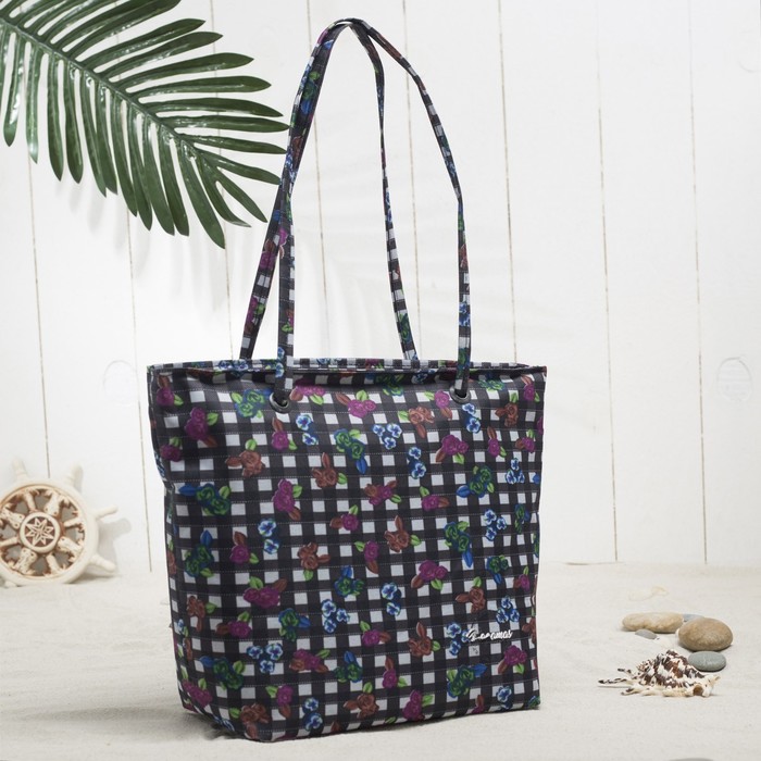 7929 Д Сумка пляжная Bagamas  34*11*29, отд на молнии, черный/белая клетка/цветы