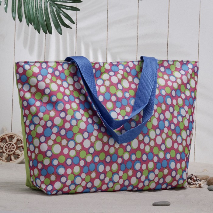 Сумка пляжная, отдел на молнии, принт салатовый/синий горох