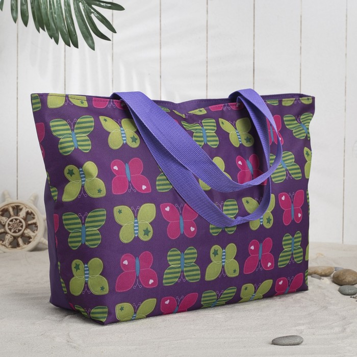Сумка пляжная "Бабочки"", отдел на молнии, цвет баклажановый