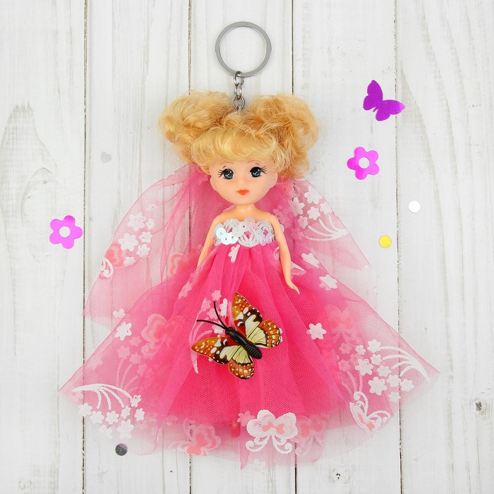Игрушка-брелок "Кукла" на голове фата, на платье бабочка, цвета МИКС