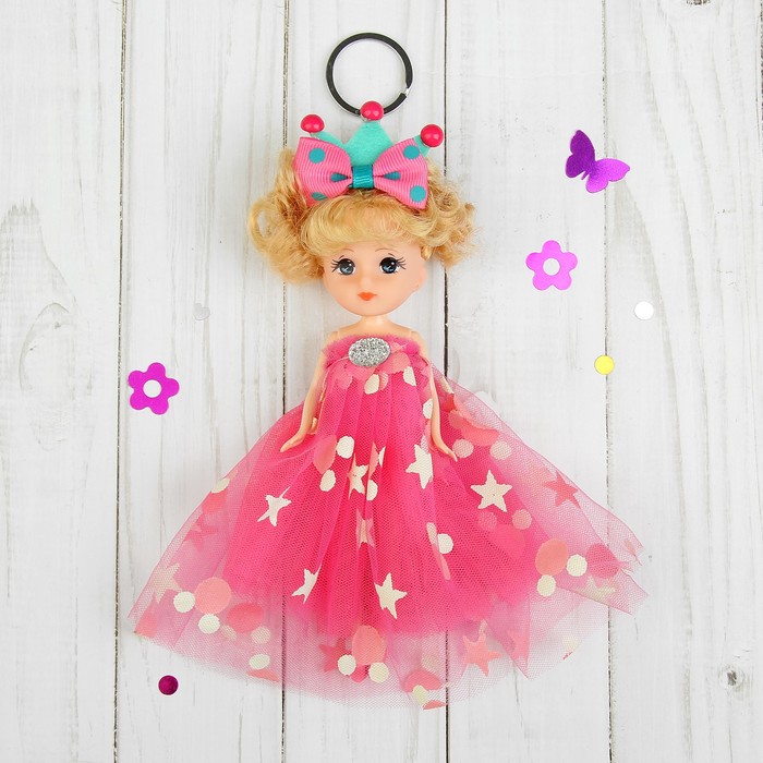 Игрушка-брелок "Кукла" на голове корона и бант, цвета МИКС
