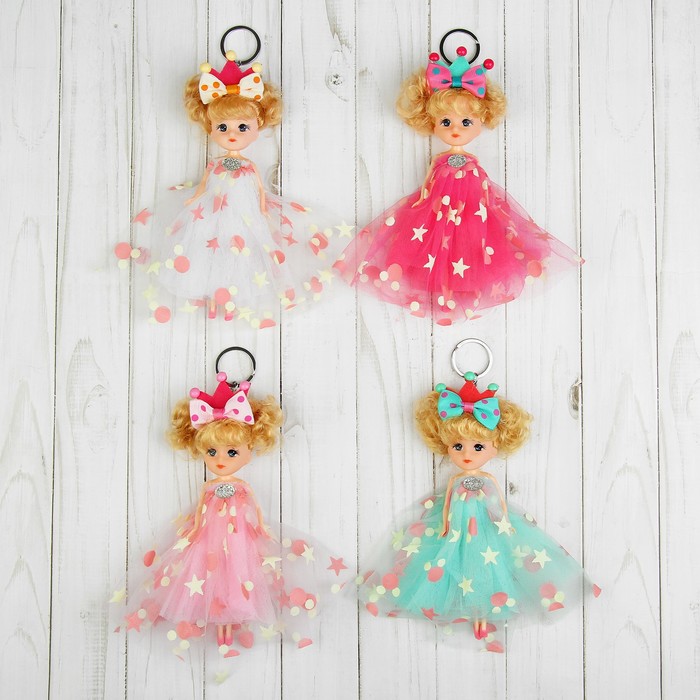 Игрушка-брелок "Кукла" на голове корона и бант, цвета МИКС