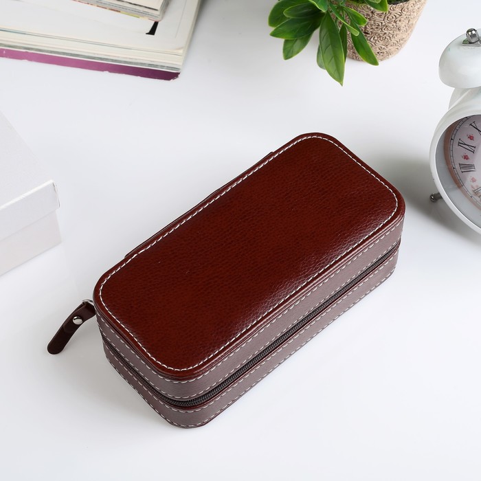 Шкатулка кожзам под часы 2 отделения "Белая строчка на кофейном" 6х18х8,7 см