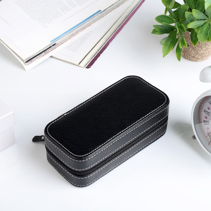 Шкатулка кожзам под часы 2 отделения "Белая строчка на чёрном" 6х18х8,7 см