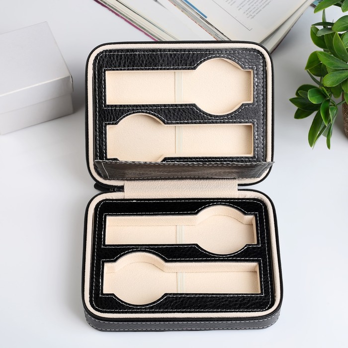 Шкатулка кожзам под часы 4 отделения "Белая строчка на чёрном" 6х18х14 см