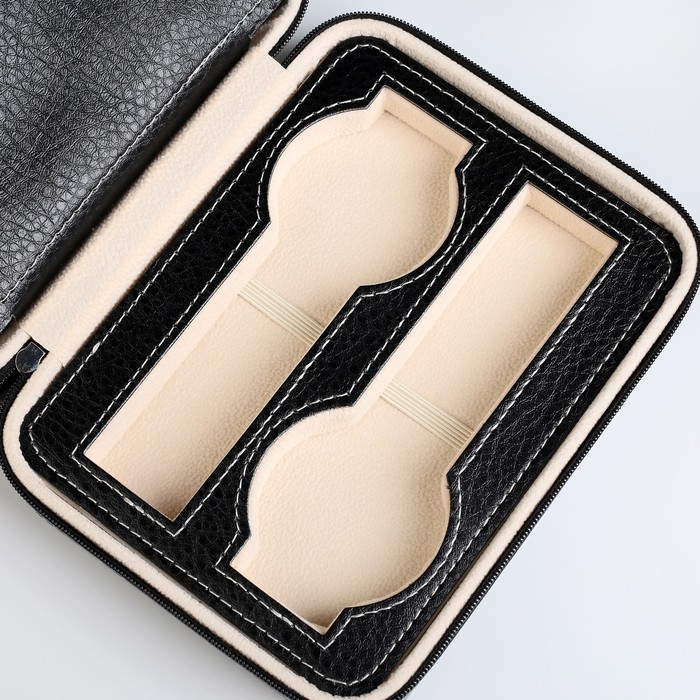 Шкатулка кожзам под часы 4 отделения "Белая строчка на чёрном" 6х18х14 см