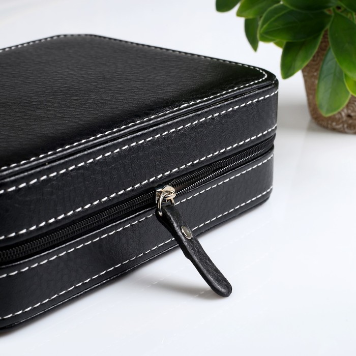 Шкатулка кожзам под часы 4 отделения "Белая строчка на чёрном" 6х18х14 см