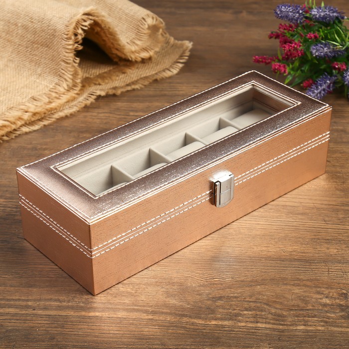 Шкатулка кожзам под часы 6 отделений "Космос. Розовое золото" 8х30х11 см