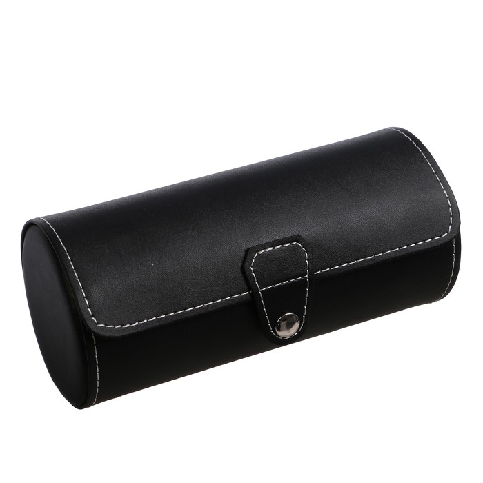 Шкатулка кожзам под часы 3 отделения тубус "Белая строчка на чёрном" 8,5х19х8,5 см
