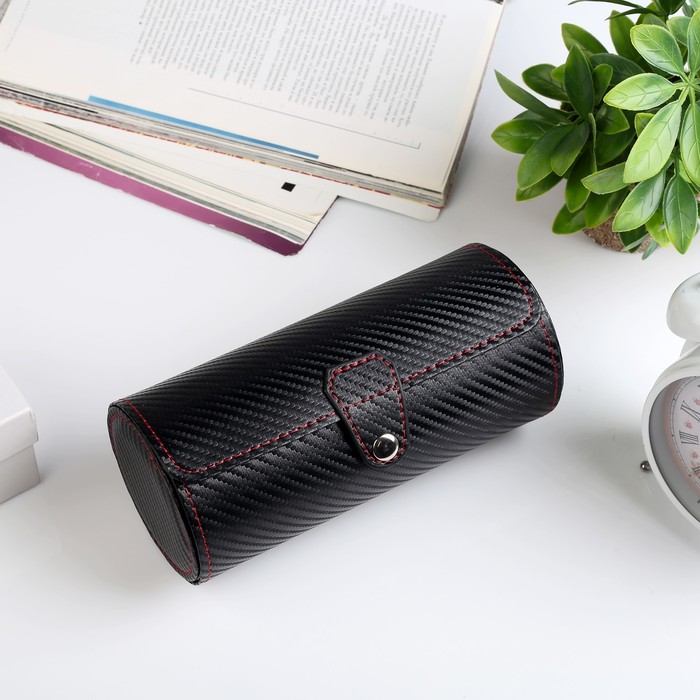 Шкатулка кожзам под часы 2 отделения и бижутерию "Красная строчка на чёрном" 8,5х19х8,5 см