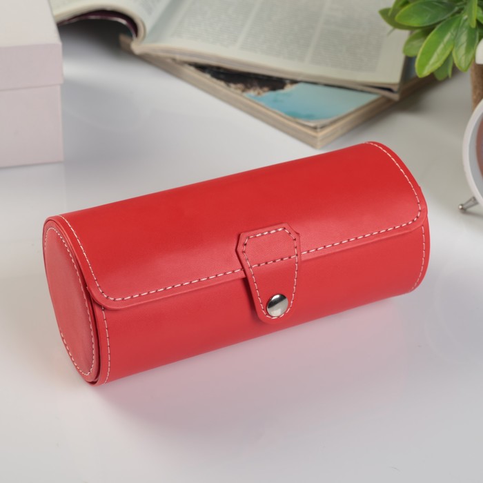 Шкатулка кожзам под часы 2 отделения и бижутерию "Белая строчка на красном" 8,5х19х8,5 см