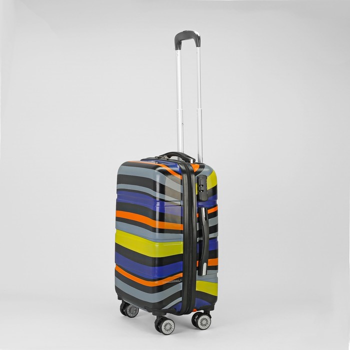 Чемодан малый «Полоски» 20", отдел на молнии, кодовый замок, 4 колеса, цвет фиолетовый