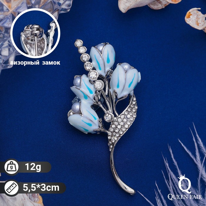 Брошь "Ландыши", цвет бело-голубой в серебре