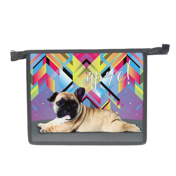 Папка для тетрадей А5, молния сверху, ламинированный картон, многоуровневый конгрев "Щенок-Бульдог"