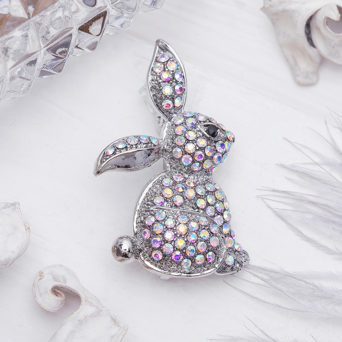 Брошь "Зайчик", цвет радужный в серебре