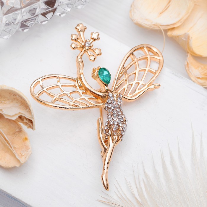 Брошь "Фея" лесная, цвет бело-изумрудный в золоте