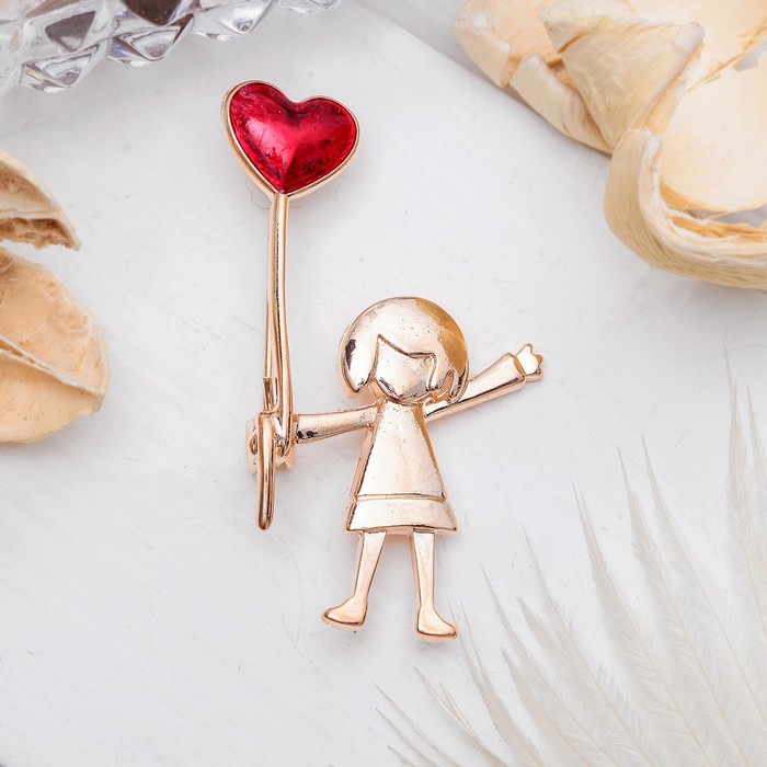Брошь "Девочка с шариком", цвет красный в золоте