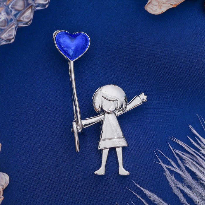 Брошь "Девочка с шариком", цвет синий в серебре
