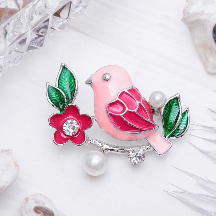 Брошь "Птичка" на ветке, цветная в серебре