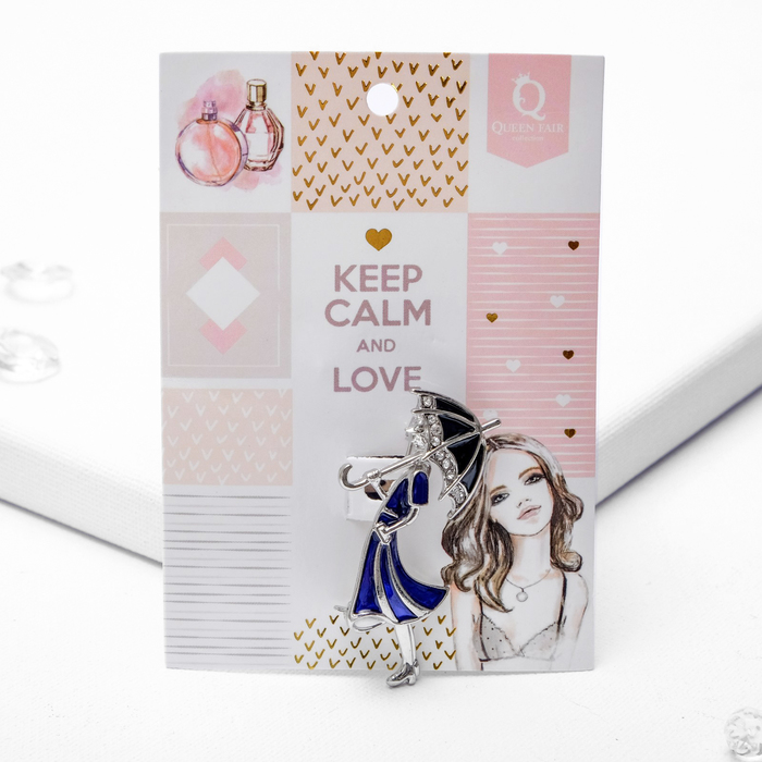 Брошь "Девушка с зонтом", цвет сине-черный в серебре