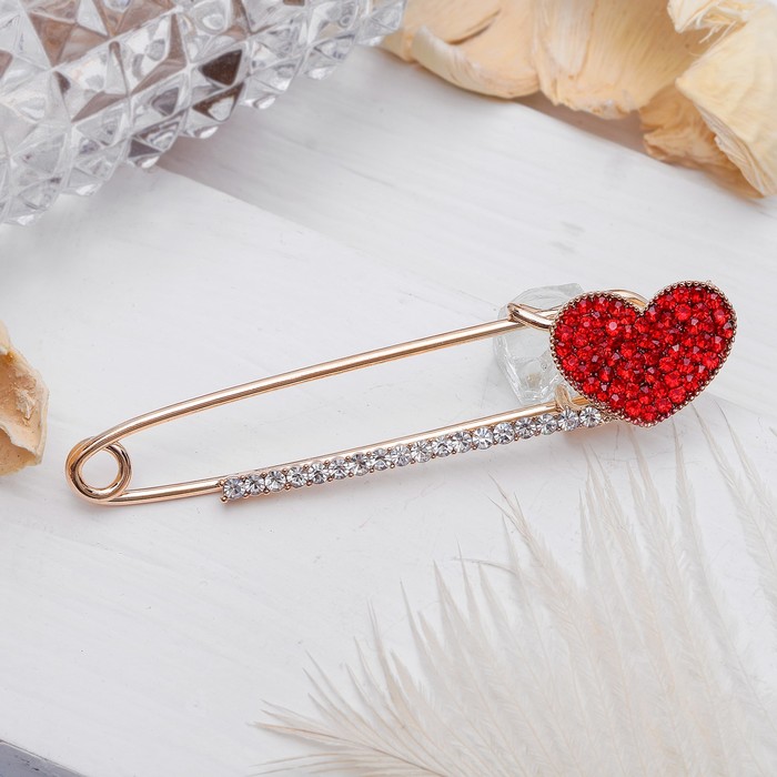 Булавка "Сердце" яркое, 5,5 см, цвет красно-белый в золоте