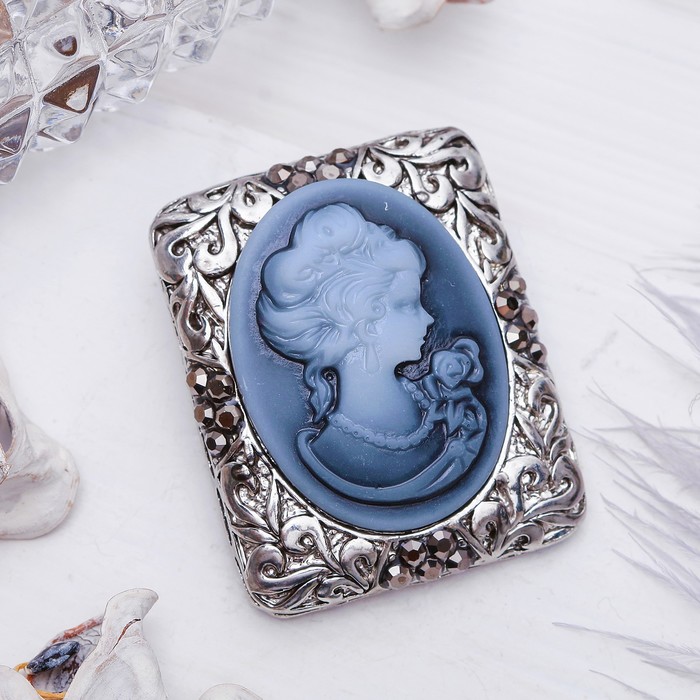 Брошь "Камея" прямоугольник, цвет серый в череном серебре