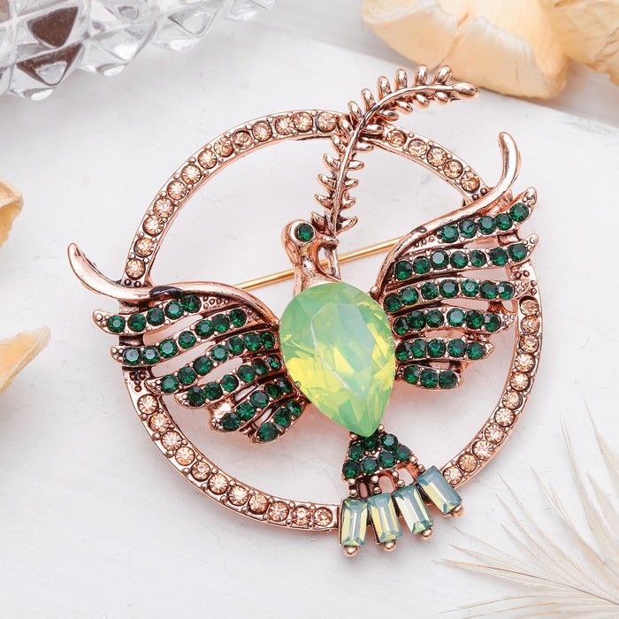 Брошь "Феникс", цвет коричнево-зеленый в черненом розовом золоте