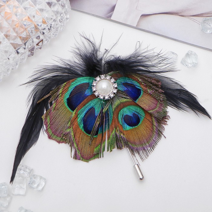 Булавка "Перо павлина", 14 см, цветная в серебре