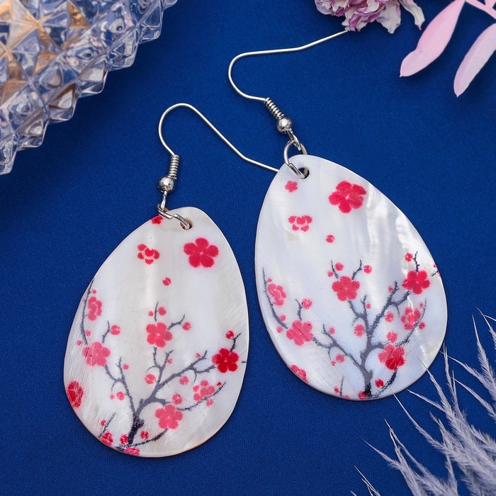 Серьги "Ракушка" капля, цвет бело-красный