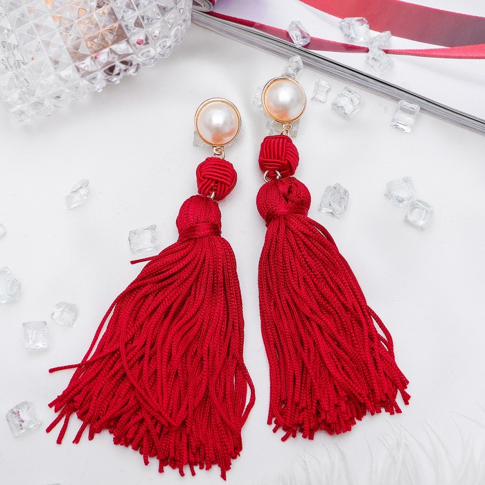 Серьги "Кисти" изыск, двойное плетение, цвет бело-красный в золоте