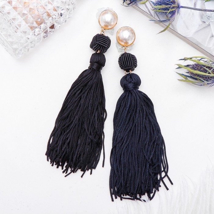 Серьги "Кисти" изыск, двойное плетение, цвет бело-чёрный в золоте