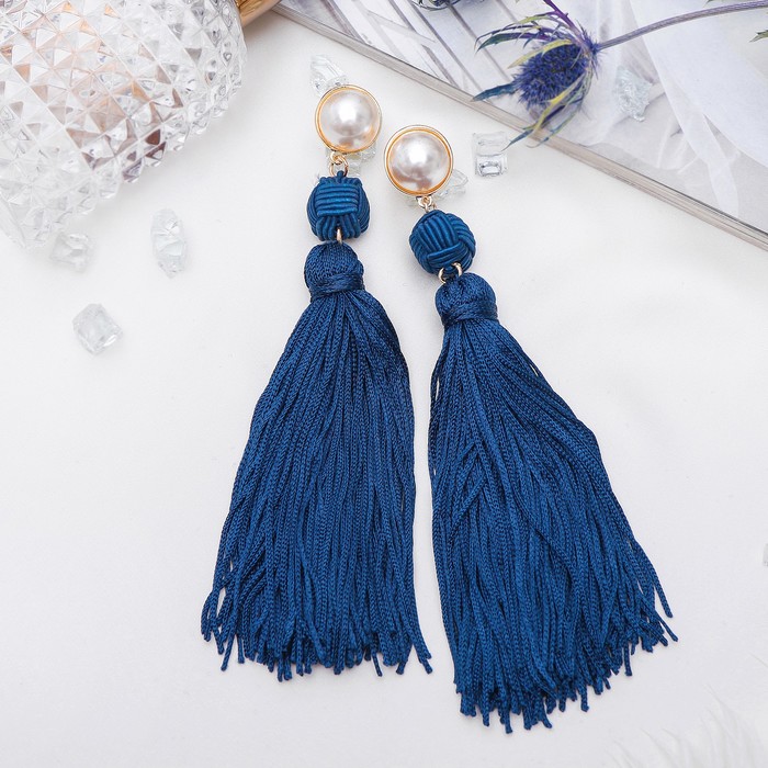 Серьги "Кисти" изыск, двойное плетение, цвет бело-синий в золоте