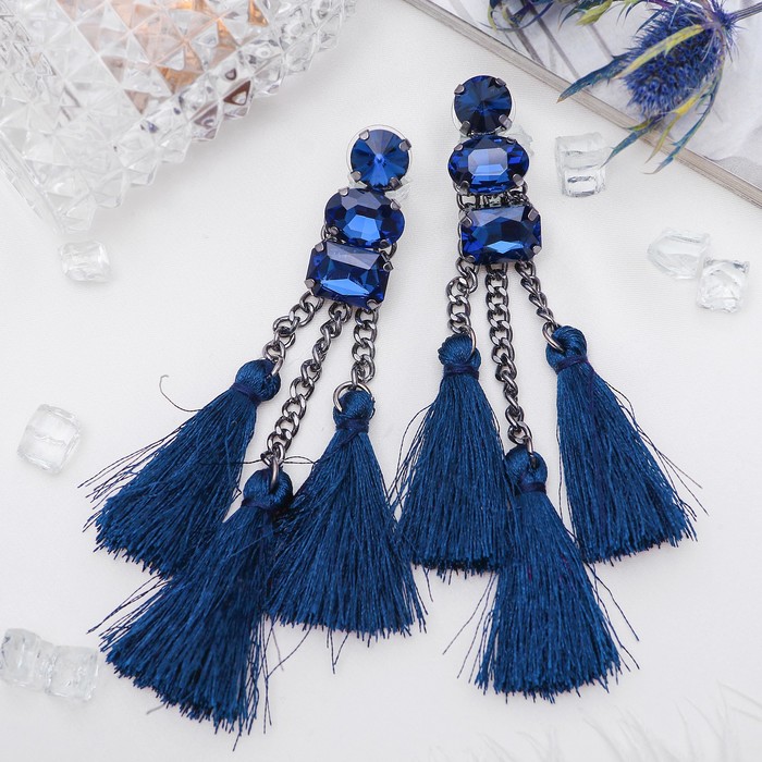 Серьги "Кисти" изыск, тройные, цвет тёмно-синий в сером металле