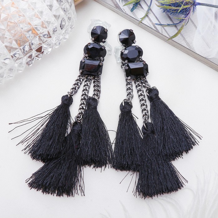 Серьги "Кисти" изыск, тройные, цвет чёрный в сером металле