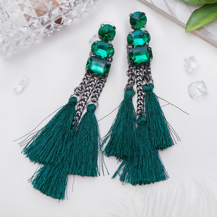 Серьги "Кисти" изыск, тройные, цвет изумрудный в сером металле