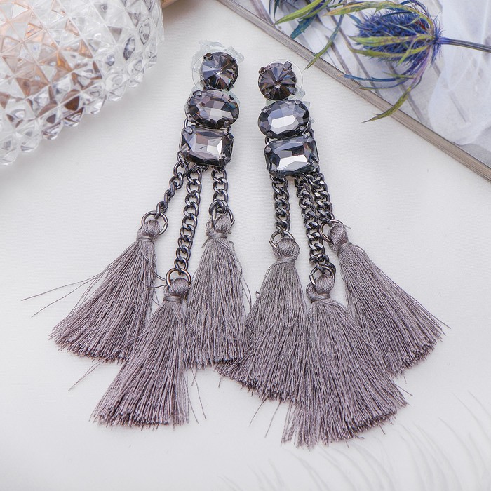 Серьги "Кисти" изыск, тройные, цвет серый