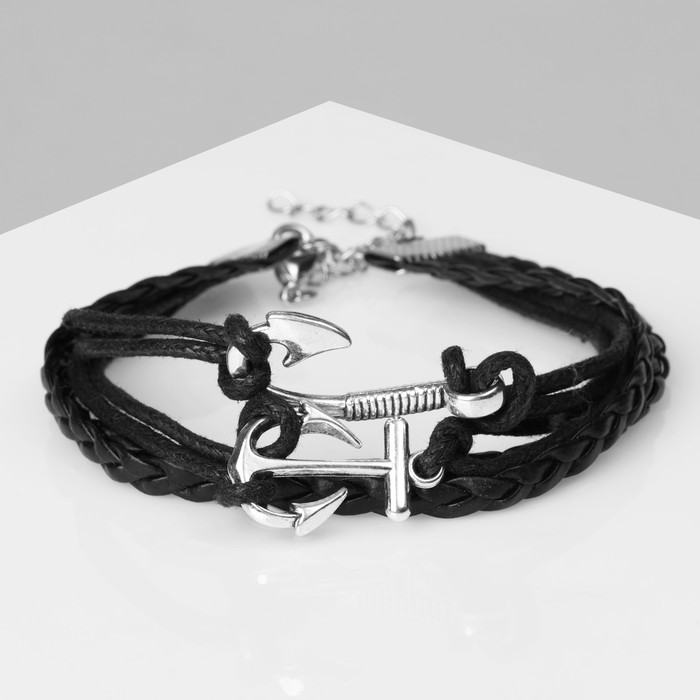 Браслет мужской "Магия знаков" якорь и крючок, цвет чёрно-серебряный