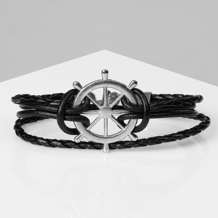 Браслет мужской "Магия знаков" штурвал, цвет чёрно-серебряный