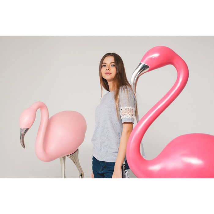 Футболка женская MINAKU, кружевные вставки на рукавах, размер 44, цвет серый