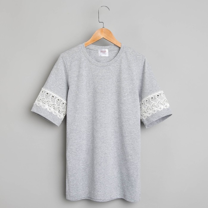 Футболка женская MINAKU, кружевные вставки на рукавах, размер 46, цвет серый