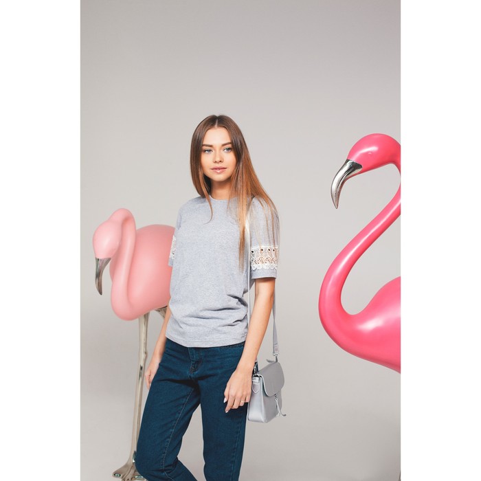 Футболка женская MINAKU, кружевные вставки на рукавах, размер 48, цвет серый