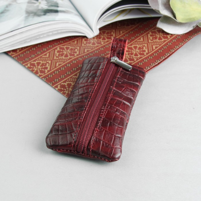 Ключница, отдел на молнии, металлическое кольцо, кайман, цвет бордовый