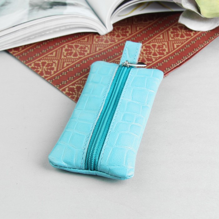 Ключница, отдел на молнии, металлическое кольцо, крокодил, цвет бирюзовый