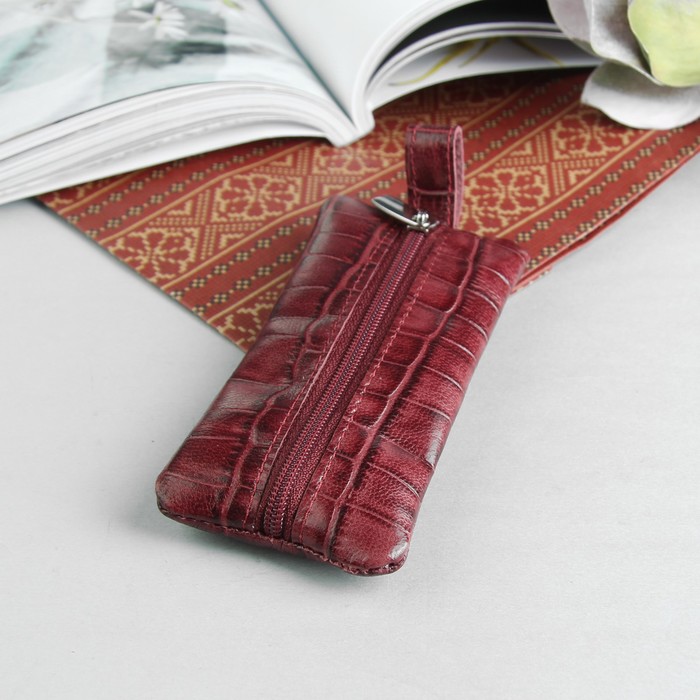 Ключница, отдел на молнии, металлическое кольцо, крокодил, цвет бордовый