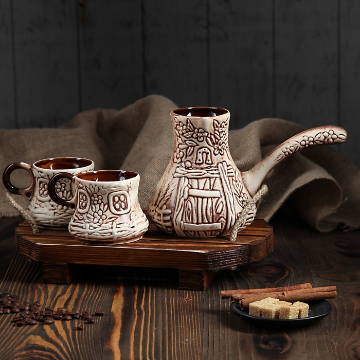Кофейный набор "Деревенька", 3 предмета, турка 0,7 л, 2 чашки 0,15 л