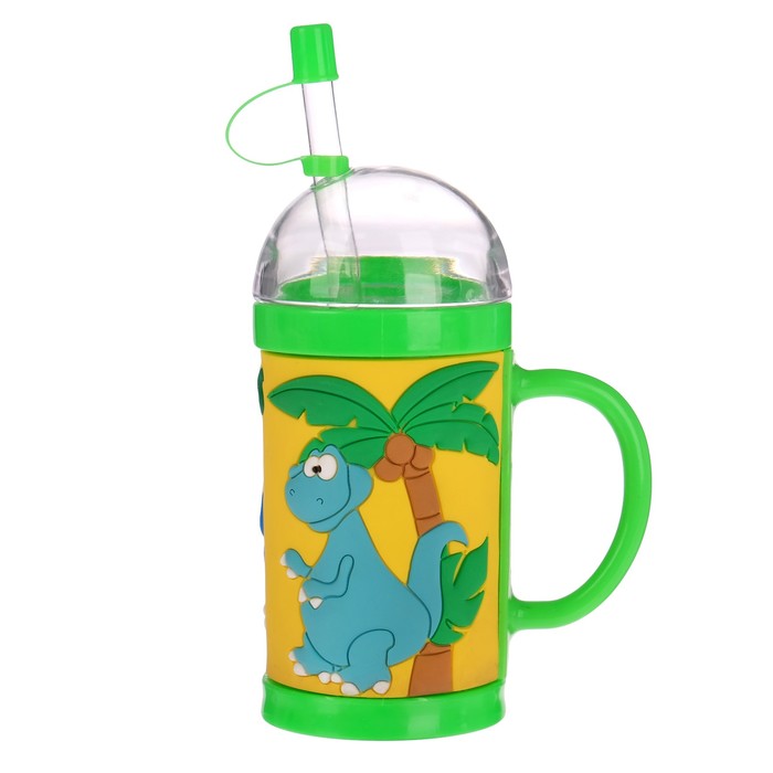 Поильник-кружка 2 в 1 «Динозавры» с трубочкой, 300 мл, от 9 мес., цвет зелёный