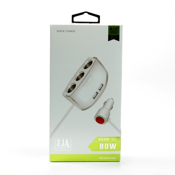 Разветвитель прикуривателя, 3 гнезда 2 USB c подстветкой, черный кнопка вкл., черный