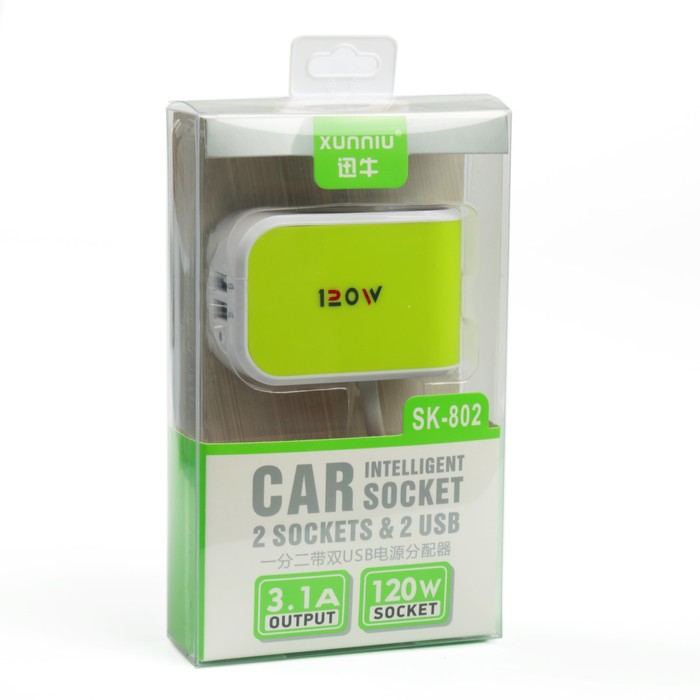 Разветвитель прикуривателя, 2 гнезда 2 USB с индикатором, зеленый