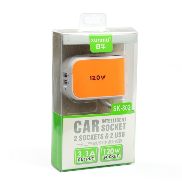 Разветвитель прикуривателя, 2 гнезда 2 USB с индикатором, оранжевый