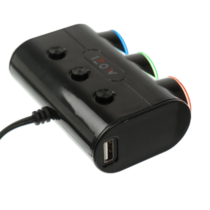 Разветвитель прикуривателя, 3 гнезда 2 USB с подстветкой и вкл/ выкл черный
